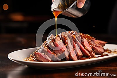 hand drizzling sauce onto a smoked duck dish Stock Photo