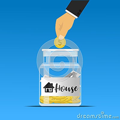 Hand dropping a coin into the house jar. Cartoon Illustration