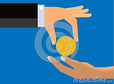 Hand dropping a coin to the hand of another person Vector Illustration