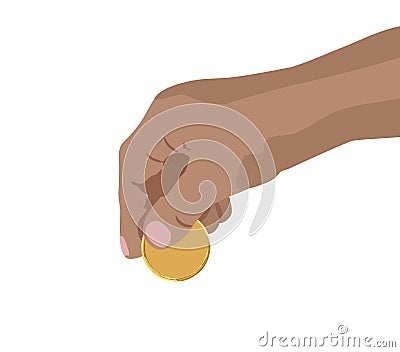 Hand dropping putting golden coin look like cryptocurrency clean vector illustration finance money concept isolated white backgrou Vector Illustration