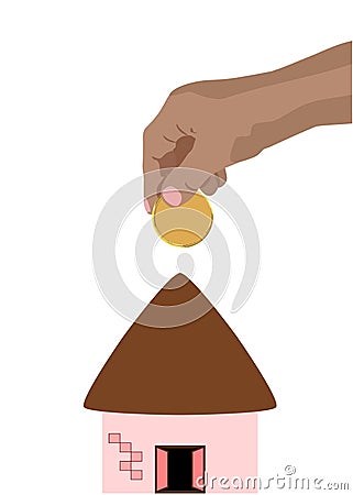 Hand dropping putting golden coin in to hut home clean vector illustration finance money concept own home concept isolated white Vector Illustration