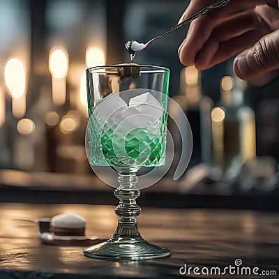 A hand dropping a sugar cube into an absinthe glass with an artistic spoon1 Stock Photo