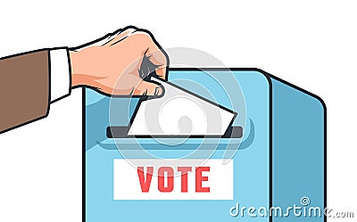 Hand drops ballot into vote box. Presidential election poster. Vector Illustration