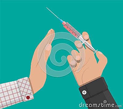 Hand of the drug dealer gives syringe with drug Vector Illustration