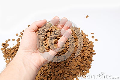 Hand with dry pet food against a pile of dry food on a white background Stock Photo