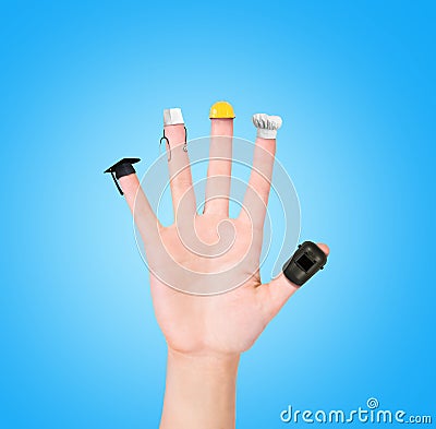 Hand on each finger different professions,career choice options Stock Photo