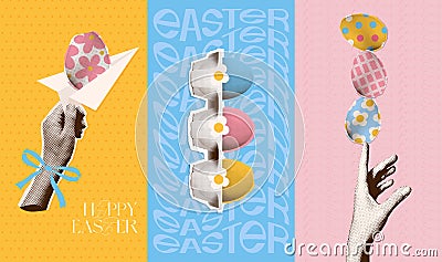 Hand with Easter eggs, balancing eggs pile, decorating Easter egg, Easter egg, sending congratulations. Square halftone Vector Illustration