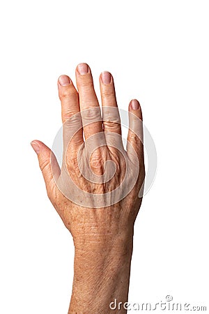Hand of elderly Caucasian woman with Heberden`s arthritis at the index finger on white background. Deformity of finger Stock Photo