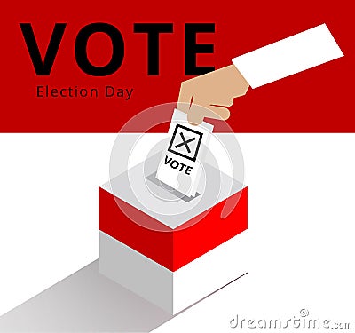 Hand of Eligible voter or constituency dropping ballots in the election box with national flag patterns, Indonesian hand drop the Stock Photo