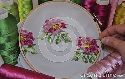Hand embroidery cross wooden hoop Stock Photo