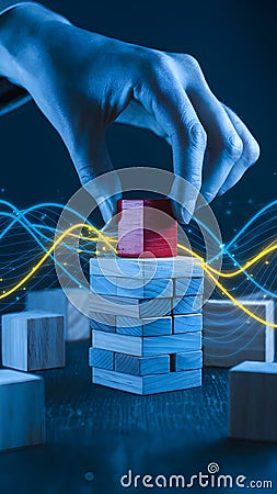 Hand extracts red block from stack, digital lines add futuristic precision Stock Photo