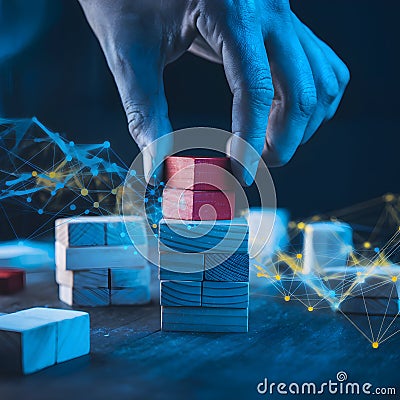 Hand extracts red block from stack, digital lines add futuristic precision Stock Photo