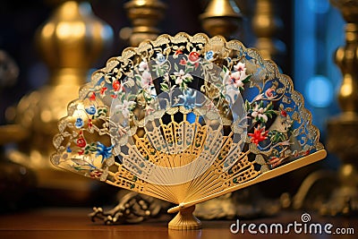 a hand fan decorated with traditional asian motifs, an electric fan in the soft focus background Stock Photo