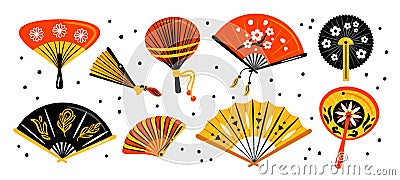 Hand fans. Cartoon Chinese handheld accessories. Different shapes design. Oriental folding attributes. Artificial breeze Vector Illustration