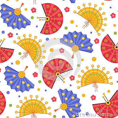 Hand fans seamless pattern. Japanese folding geisha accessories, different designs, cultural asian elements, vintage Vector Illustration