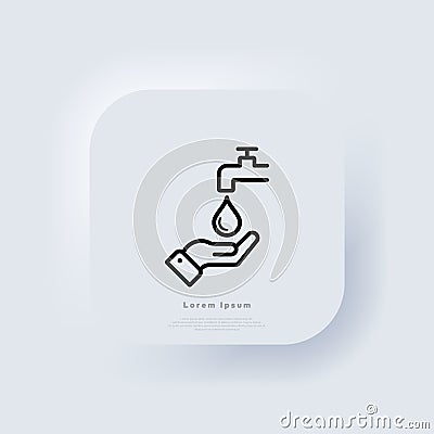 Hand and faucet line icon. Wash hands sign. Save water concept. Antivirus and antibacterial protection. Personal hygiene. Vector Illustration