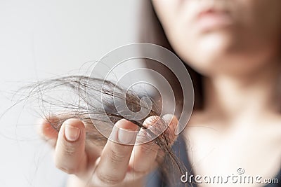 Hand of female holding hair fall or loss is a problem of women on white background Stock Photo