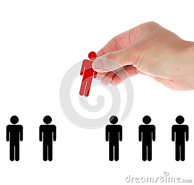 Hand find select person in line of people Stock Photo