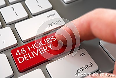 Hand Finger Press 48 Hours Delivery Button. 3D Stock Photo