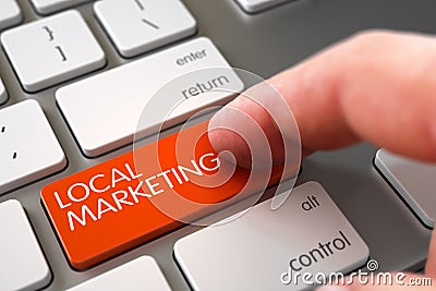 Hand Finger Press Local Marketing Button. 3D. Stock Photo