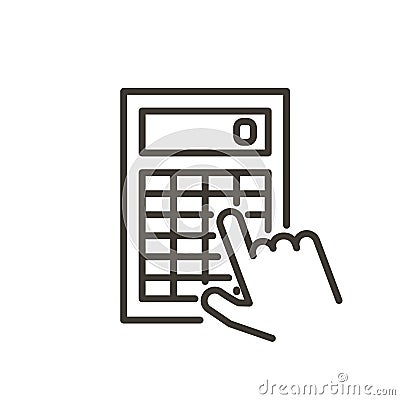 Hand with finger pressing calculator button. Vector thin line icon Vector Illustration