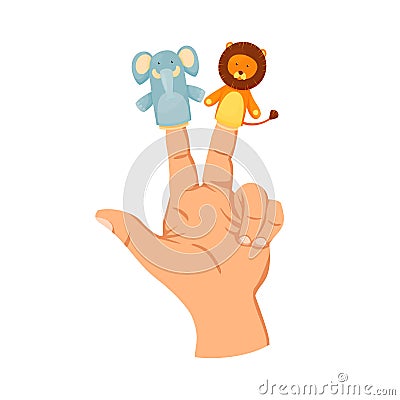 Hand or finger puppets play doll. On two fingers elephant and lion. Toy for children theater, kids games. Vector cute Vector Illustration