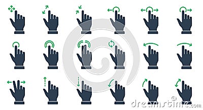 Hand Finger Touch, Swipe and Drag Silhouette Icon Set. Pinch Screen, Rotate Up on Tablet Computer Mobile Phone Icon Vector Illustration