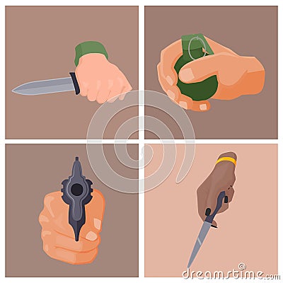 Hand firing with gun cards protection ammunition crime military police firearm hands vector. Vector Illustration