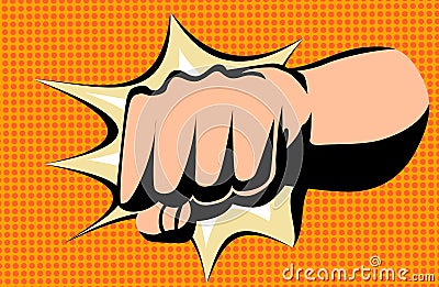 Hand fist with comics background. Blow fist flat cartoon banner. Vector hand strike as a concept energy and power Stock Photo