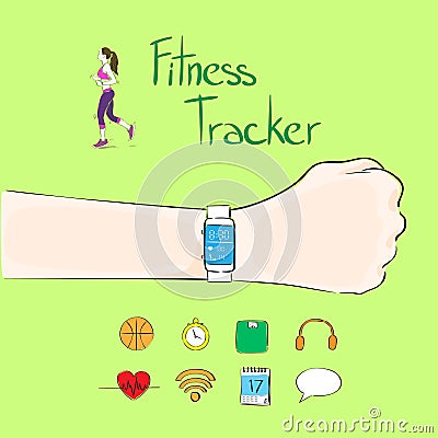 Hand fitness tracker wrist sport bracelet woman Vector Illustration