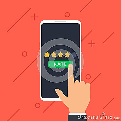 Hand and five stars customer rating on smartphone. Business success five stars rating feedback ranking opinion Vector Illustration