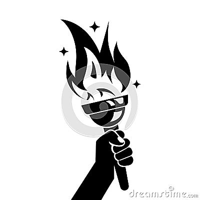 Hand with flaming torch. Sports concept victory. Black icon. Vector Illustration