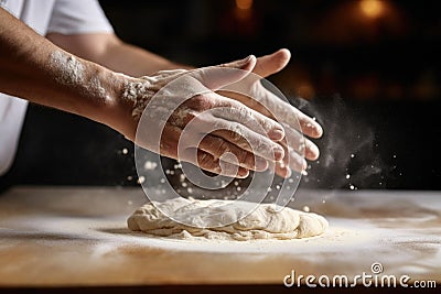 a hand flipping a raw pizza dough in the air Stock Photo