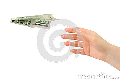 Hand and flying money plane Stock Photo