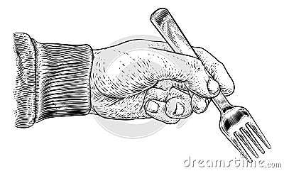 Hand With Food Eating Fork Vintage Woodcut Print Vector Illustration