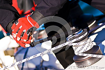 Hand force over winch Stock Photo