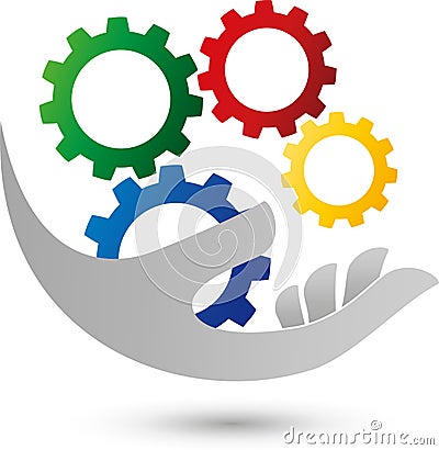 Hand and four gears, colored, mechanic and industry logo Stock Photo