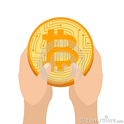 Hand is full bitcoin. Profit crypto currency. gain virtual money Vector Illustration