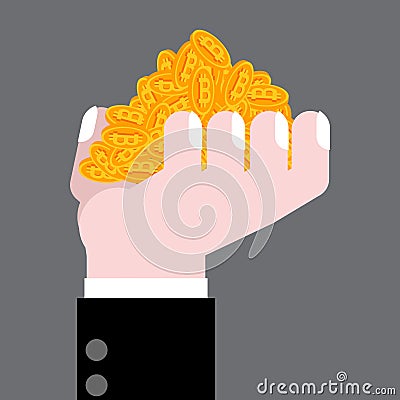 Hand is full bitcoin. Profit crypto currency. gain virtual money Vector Illustration