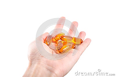 Hand full omega 3 capsules on white Stock Photo