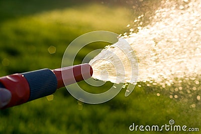 Hand with garden hose Stock Photo