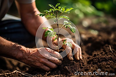 hand gardener spring planting young trees generative ai Stock Photo