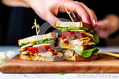 hand garnishing a chicken club sandwich with pickle Stock Photo