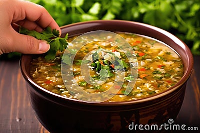 hand garnishing hot and sour soup with fresh coriander Stock Photo