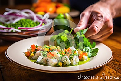 hand garnishing a plate of ceviche with fresh cilantro Stock Photo