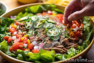 hand garnishing taco salad with jalapeno slices Stock Photo