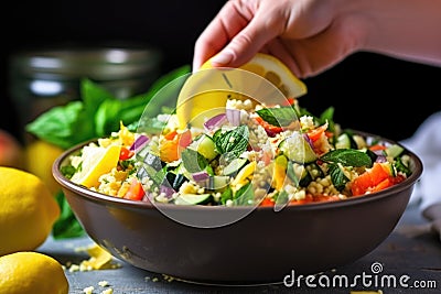hand garnishing vegetable couscous salad with lemon wedges Stock Photo