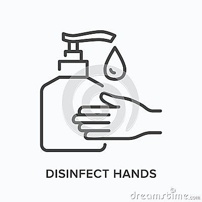 Hand gel flat line icon. Vector outline illustration of antibacterial soap in bottle. Disinfect hands thin linear Vector Illustration