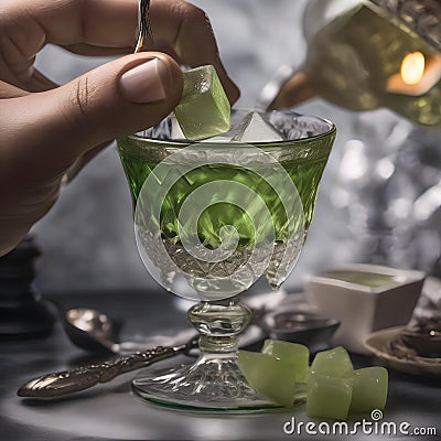 A hand gently dropping a sugar cube into a glass of absinthe with an ornate spoon3 Stock Photo