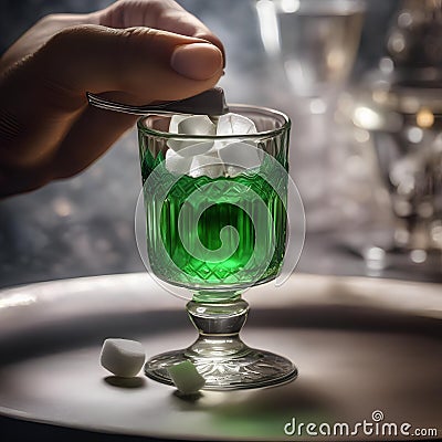 A hand gently dropping a sugar cube into a glass of absinthe with an ornate spoon4 Stock Photo